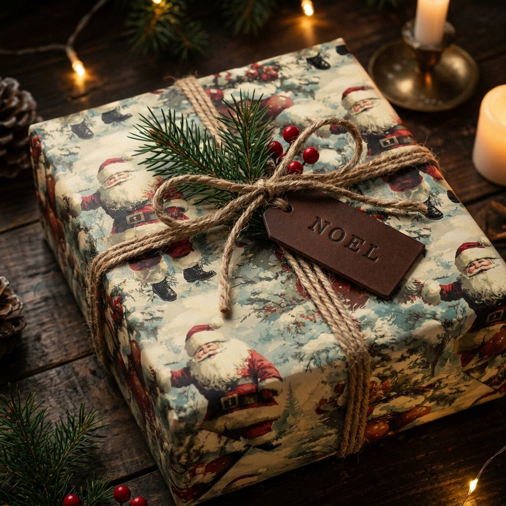 Vintage Santa Christmas wrapping paper by Wrapped Studios on a gift box tied with rustic twine and a Noel tag.