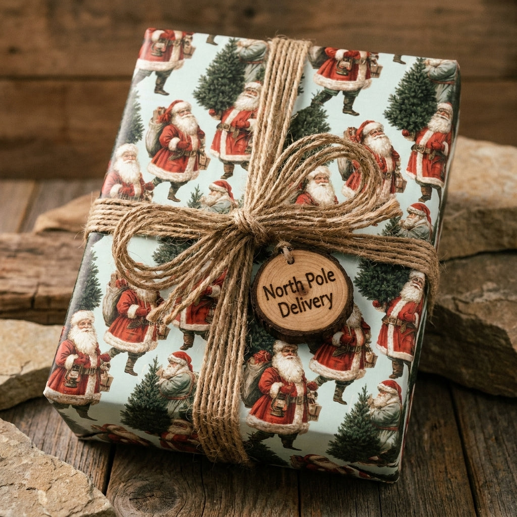 Vintage Santa Christmas wrapping paper by Wrapped Studios on a gift with rustic twine and wooden tag.