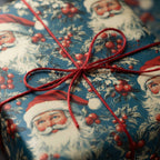 Close-up of a gift wrapped in blue Christmas wrapping paper with a vintage Santa and red berry design, tied with a simple red string bow.