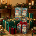 Elegant Christmas gift wrap featuring vintage Santa Claus print, velvet ribbons, and classic holiday decor.