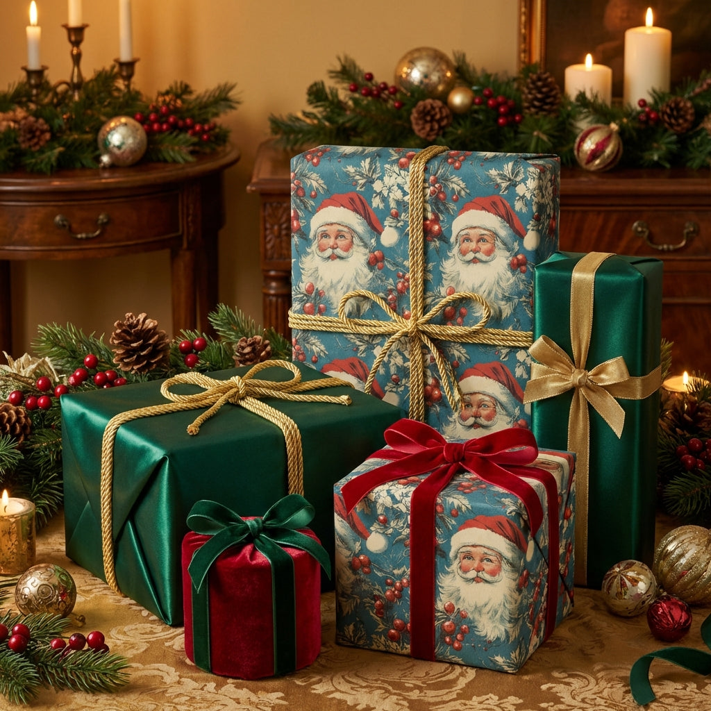 Elegant Christmas gift wrap featuring vintage Santa Claus print, velvet ribbons, and classic holiday decor.