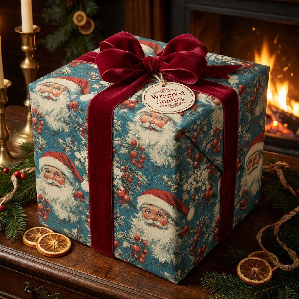 Square Christmas gift wrapped in vintage Santa Claus paper with red velvet ribbon and bow.