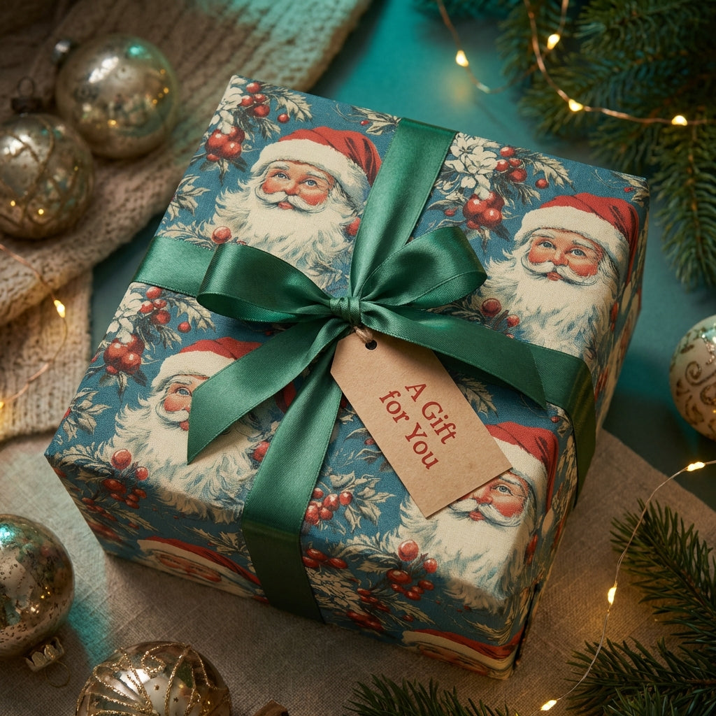 Wrapped Christmas gift in vintage Santa Claus wrapping paper with green satin ribbon and tag.