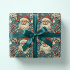 Square gift wrapped in vintage Santa Christmas wrapping paper with a teal satin ribbon and bow.