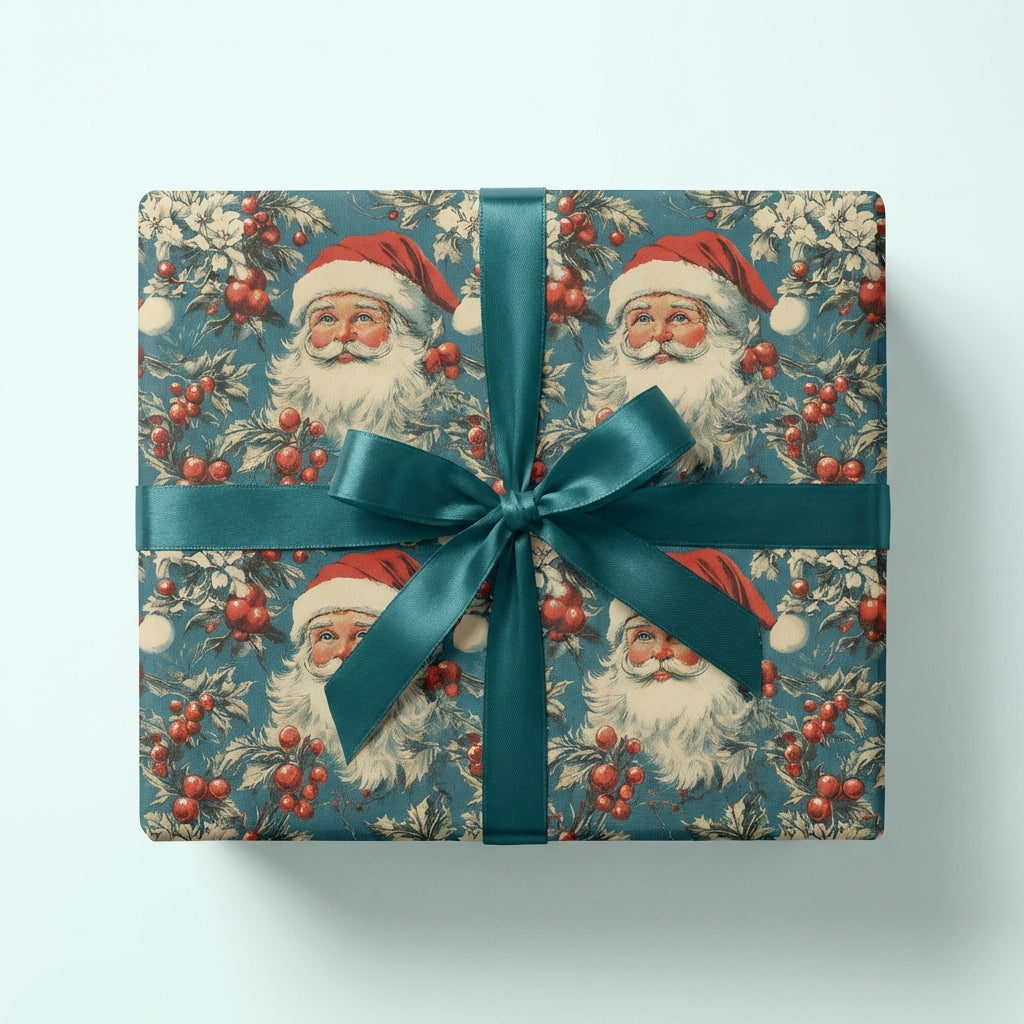 Square gift wrapped in vintage Santa Christmas wrapping paper with a teal satin ribbon and bow.