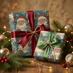 Vintage-style Christmas gifts wrapped in Santa Claus print wrapping paper with satin ribbon and holiday decor.