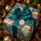 Elegant Christmas gift wrapped in vintage Santa Claus wrapping paper with a teal ribbon and bow.