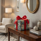 Elegant Christmas gift with Santa wrapping paper, tied with a bright red satin ribbon.
