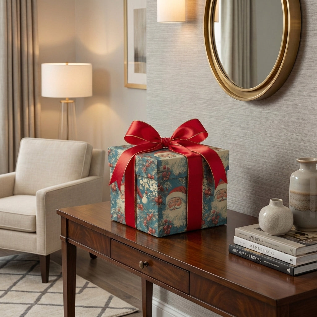 Elegant Christmas gift with Santa wrapping paper, tied with a bright red satin ribbon.