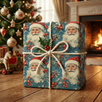 Christmas gift wrapped in vintage-style Santa Claus wrapping paper with twine ribbon, tree in background.