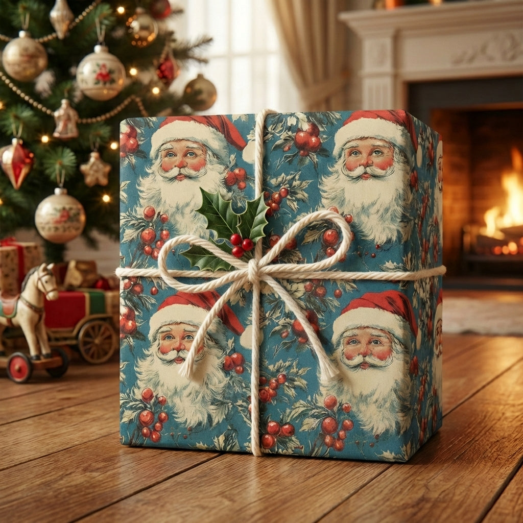 Christmas gift wrapped in vintage-style Santa Claus wrapping paper with twine ribbon, tree in background.
