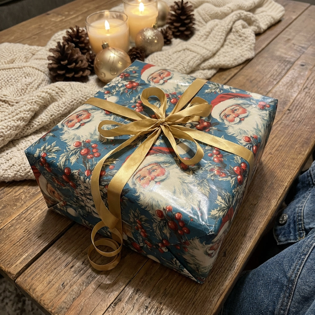 Vintage Christmas gift wrap with Santa Claus design, tied with gold ribbon, sits on a wooden table with candles and pinecones.