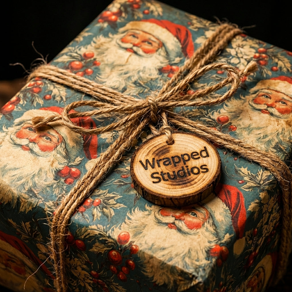 Close-up of a square gift wrapped in vintage-style Christmas wrapping paper with Santa Claus and twine bow detail.