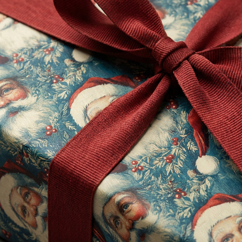Close-up of Christmas gift wrapped in vintage Santa Claus print paper with a red grosgrain ribbon.