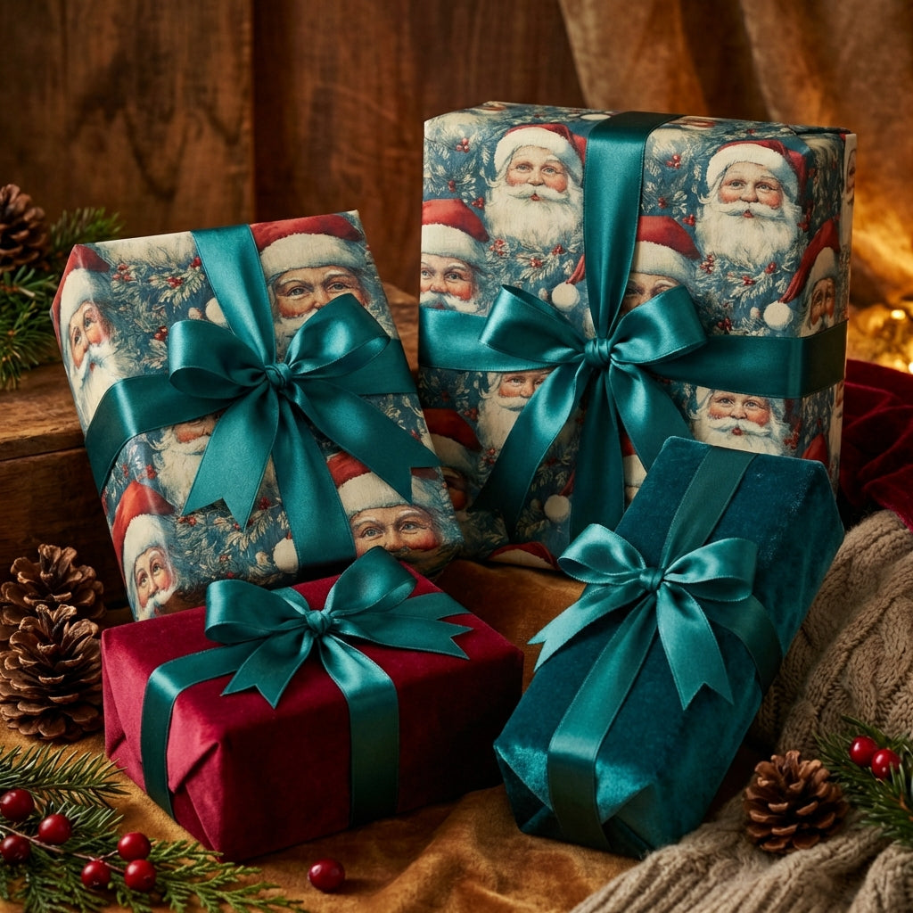 Elegant Christmas presents wrapped in Santa-themed gift wrap with teal satin ribbons and velvet boxes.