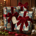 Wrapped Christmas presents featuring Santa print wrapping paper and lush velvet red ribbons.