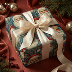 Square gift wrapped in festive Santa Christmas wrapping paper with a cream-colored satin ribbon.