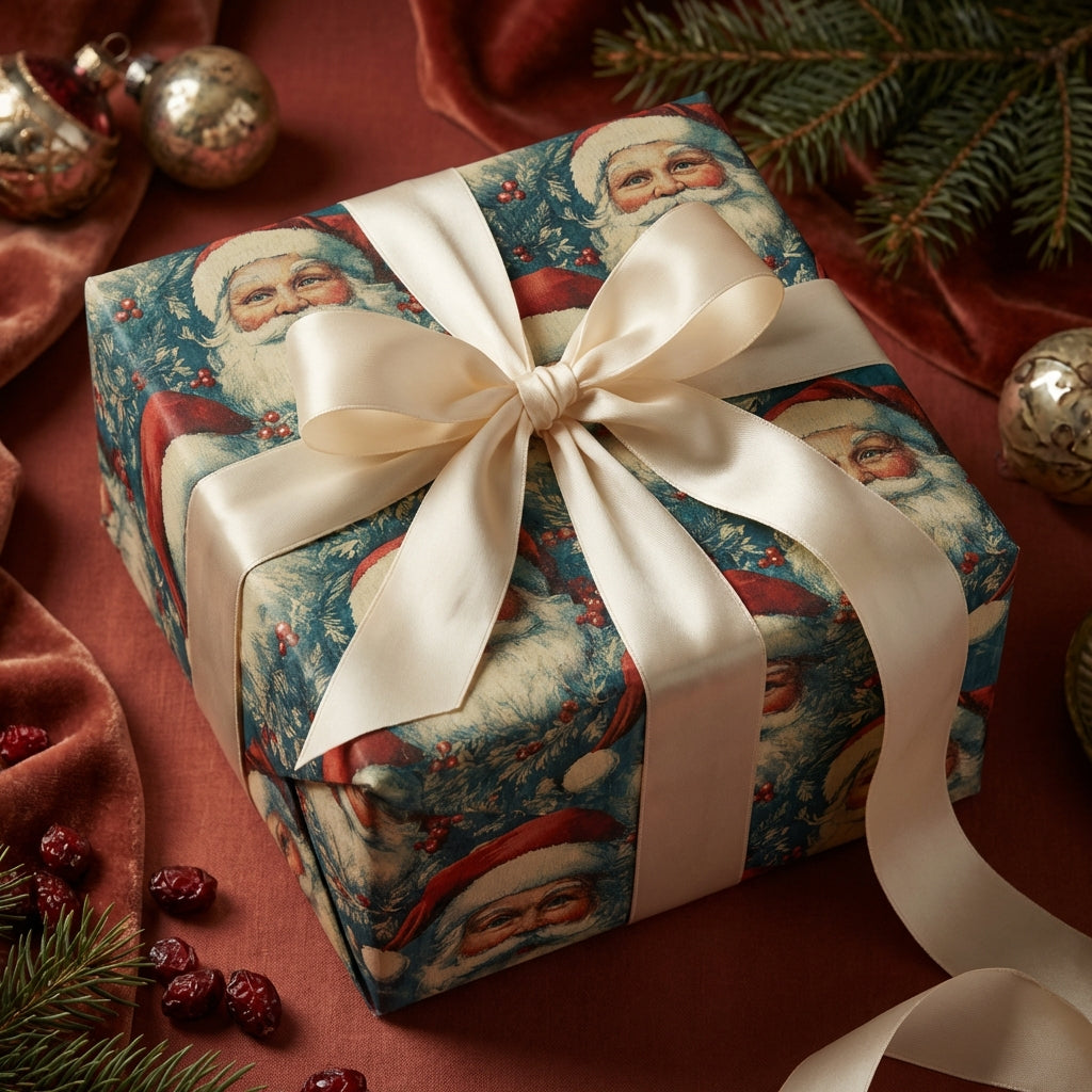 Square gift wrapped in festive Santa Christmas wrapping paper with a cream-colored satin ribbon.