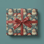 Vintage Christmas gift box wrapped in Santa Claus pattern paper with a satin ribbon.
