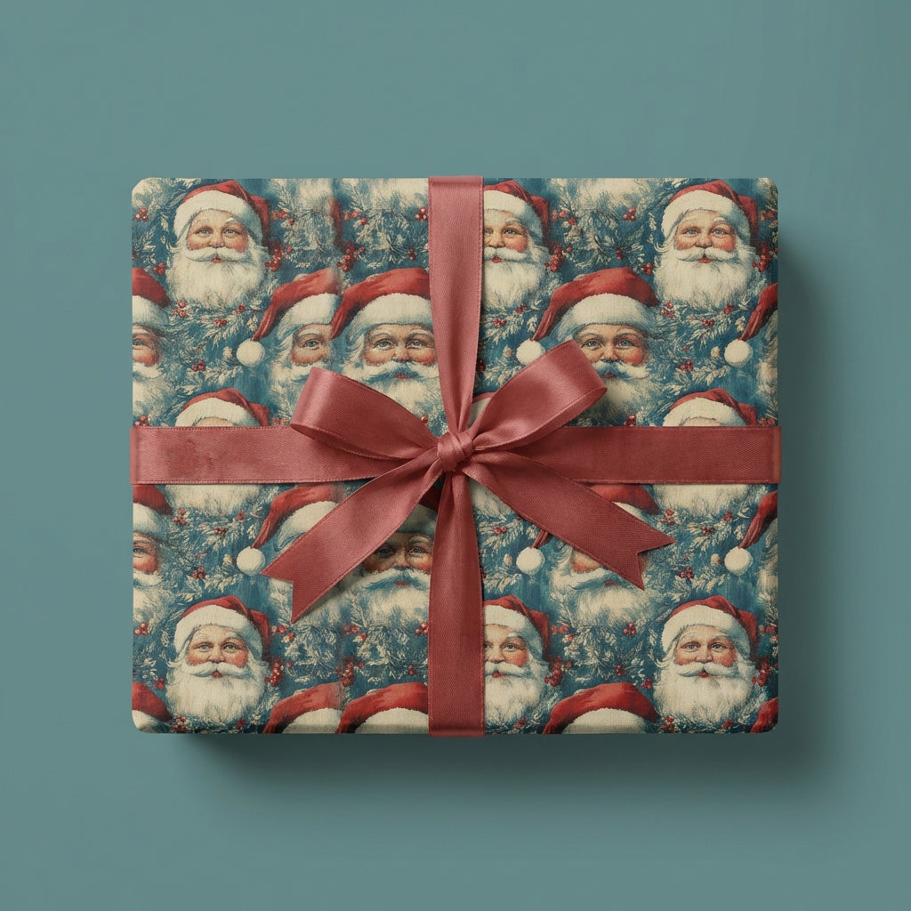 Vintage Christmas gift box wrapped in Santa Claus pattern paper with a satin ribbon.