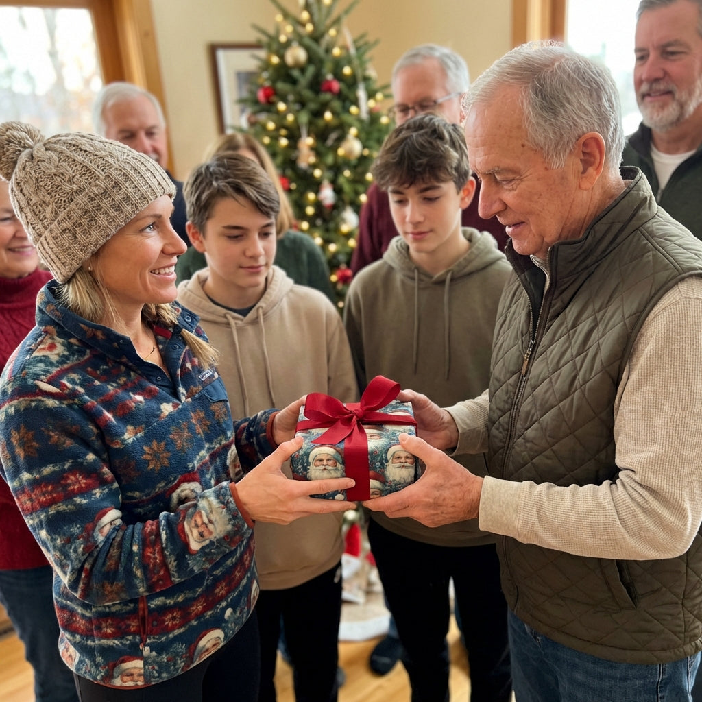 Family exchanging a Christmas gift wrapped in Santa-themed Christmas gift wrap with a red ribbon.