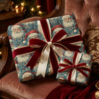 Elegant Christmas gift wrap with Santa Claus print and burgundy velvet ribbon on a present.
