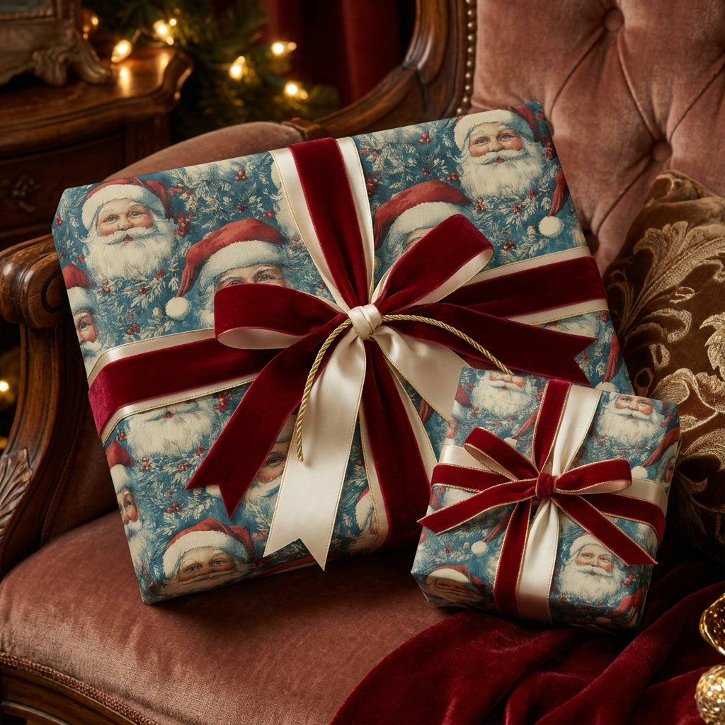 Elegant Christmas gift wrap with Santa Claus print and burgundy velvet ribbon on a present.