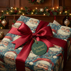 Vintage Santa Claus Christmas wrapping paper with red satin bow and festive holiday decor.