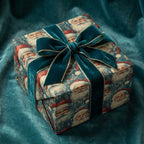 Square gift wrapped in vintage Santa Claus Christmas wrapping paper with teal velvet ribbon.