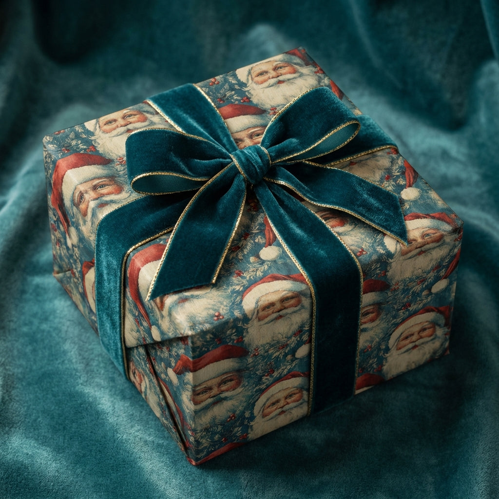 Square gift wrapped in vintage Santa Claus Christmas wrapping paper with teal velvet ribbon.