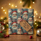 Square Christmas gift wrapped in Santa-themed paper, tied with baker's twine and a "Do not open 'til Xmas" tag.