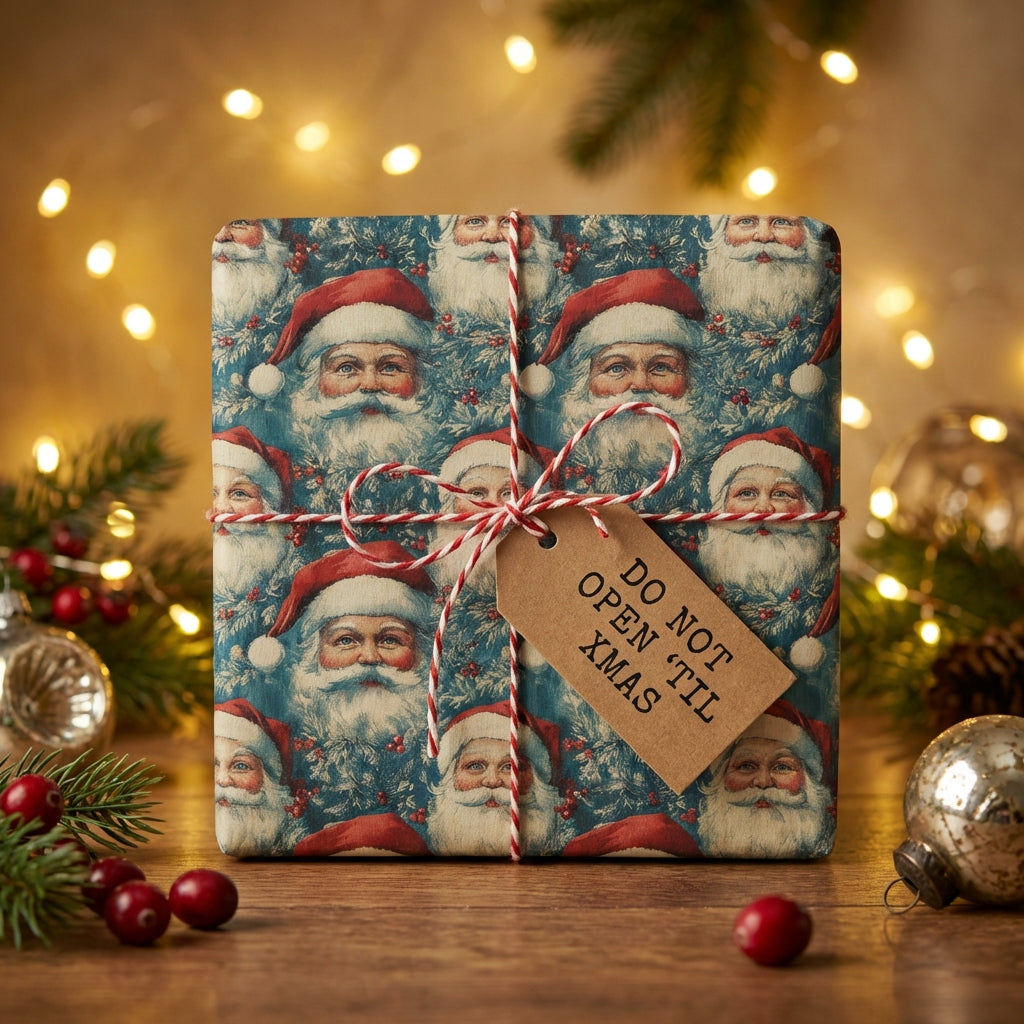 Square Christmas gift wrapped in Santa-themed paper, tied with baker's twine and a "Do not open 'til Xmas" tag.