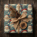 Vintage Christmas gift wrapped in blue Santa wrapping paper, tied with burlap ribbon and pinecones.