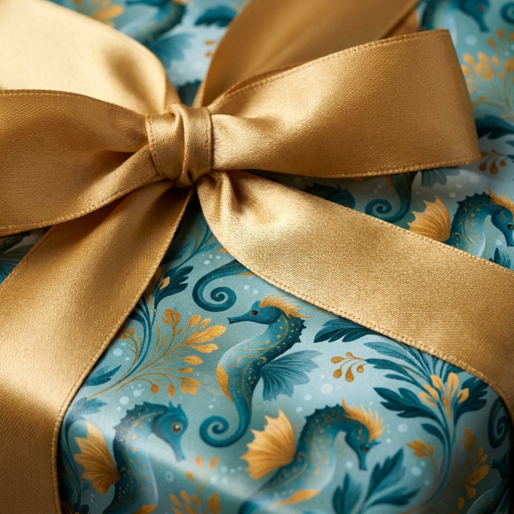 Luxury teal seahorse wrapping paper with a gold satin bow by Wrapped Studios.