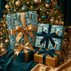 Luxury teal seahorse Christmas wrapping paper on holiday gifts by Wrapped Studios.