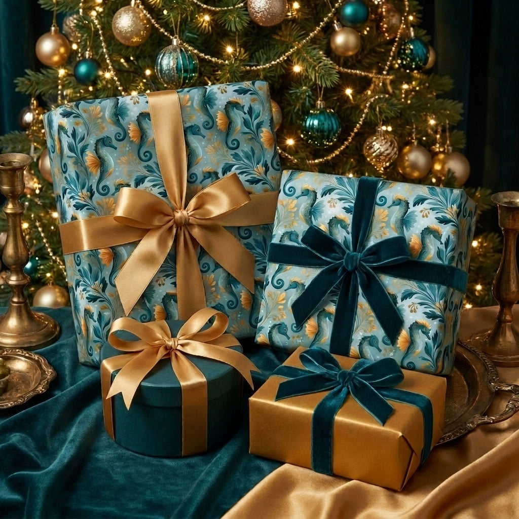 Luxury teal seahorse Christmas wrapping paper on holiday gifts by Wrapped Studios.