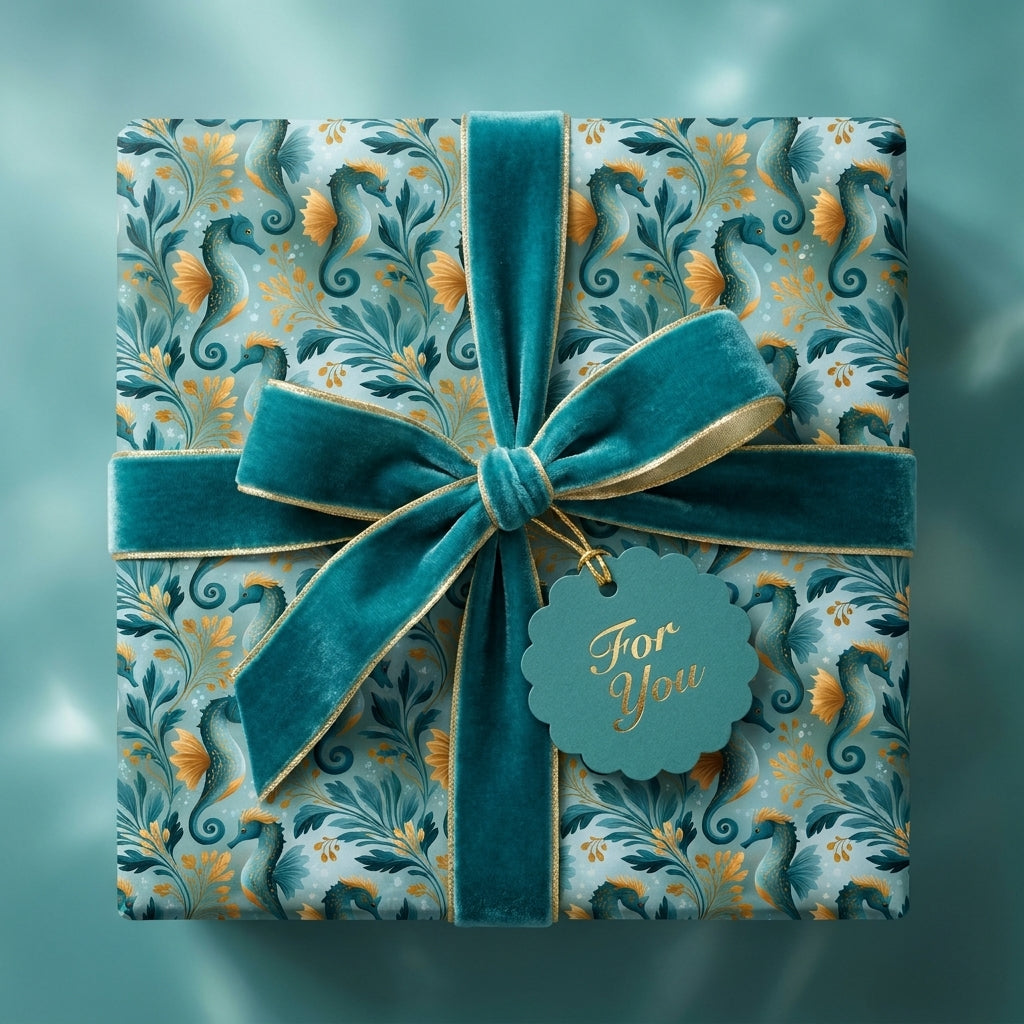 Luxury coastal seahorse wrapping paper with teal velvet bow by Wrapped Studios.