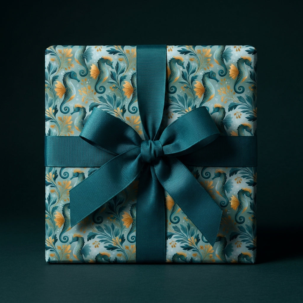 Luxury teal seahorse wrapping paper with a matching bow, elegant coastal gift wrap by Wrapped Studios.
