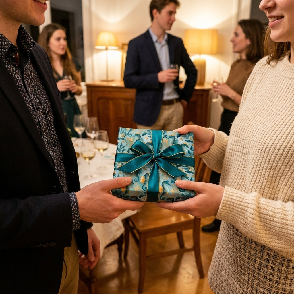 Teal and gold luxury gift wrap with satin ribbon being gifted at a party. Wrapped Studios.