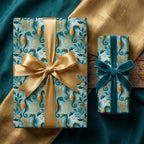 Teal and gold seahorse wrapping paper on luxury gift boxes with elegant bows by Wrapped Studios.