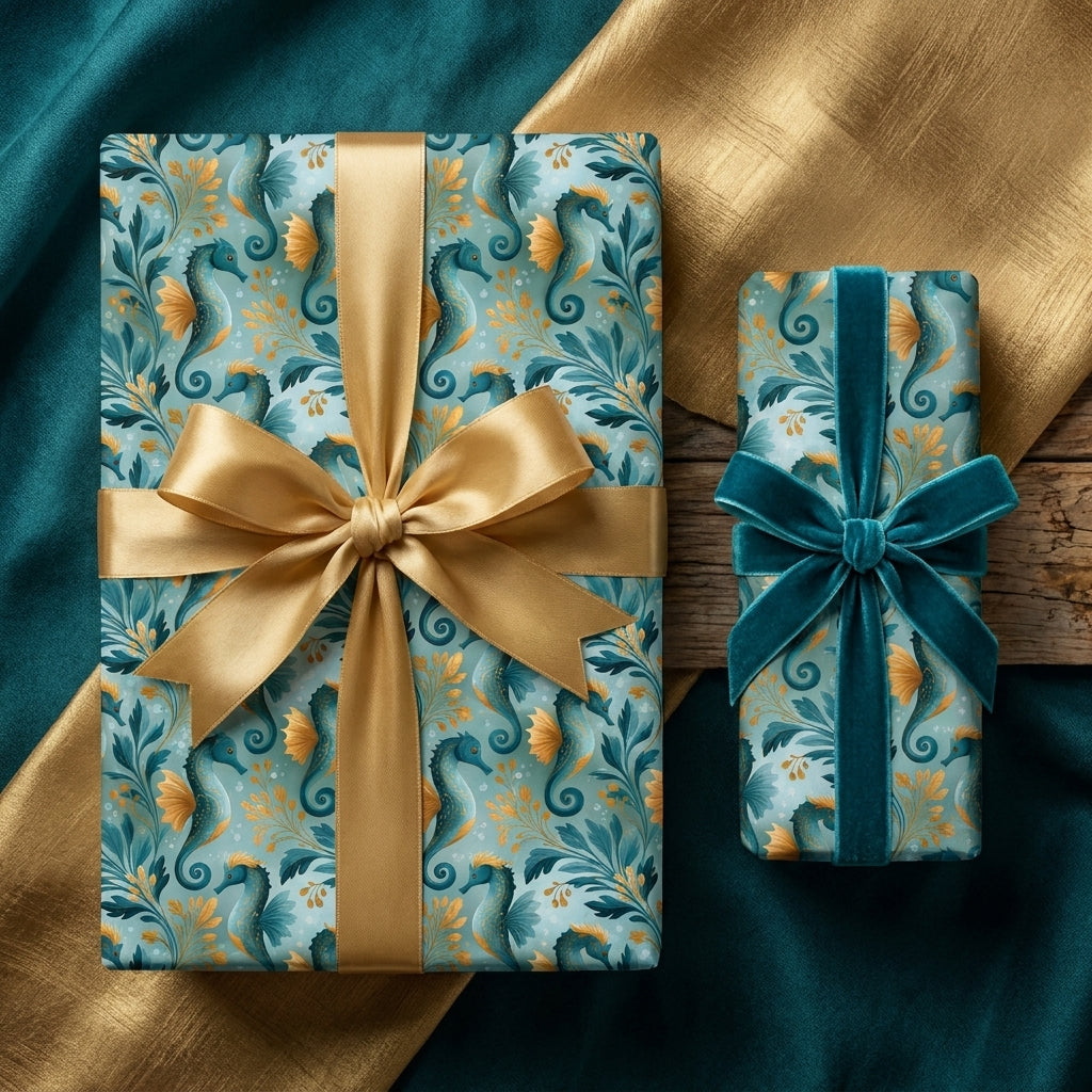 Teal and gold seahorse wrapping paper on luxury gift boxes with elegant bows by Wrapped Studios.