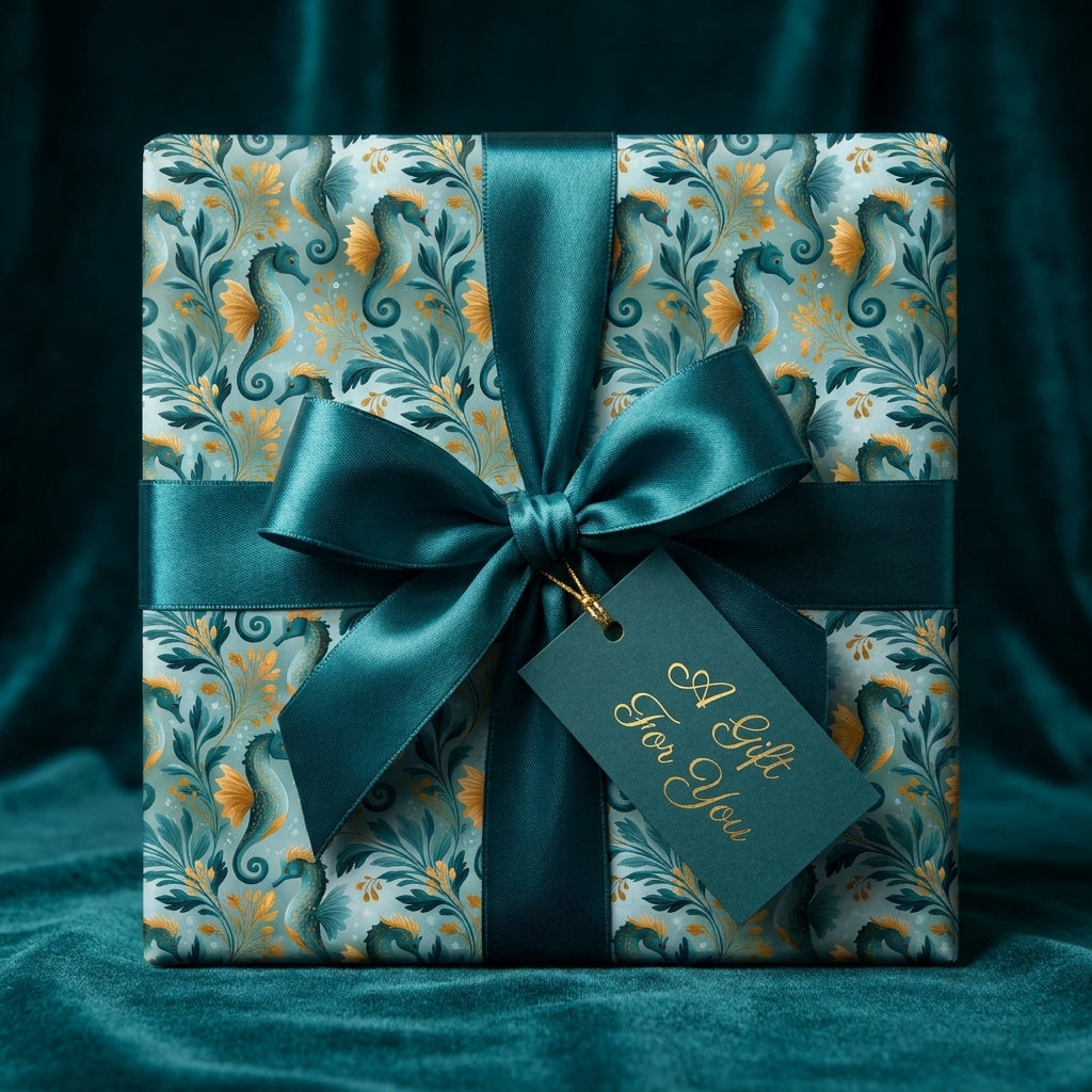 Luxury teal seahorse wrapping paper with satin bow on a gift box, coastal gift wrap by Wrapped Studios.