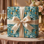 Teal seahorse coastal luxury gift wrap with a gold satin bow by Wrapped Studios.