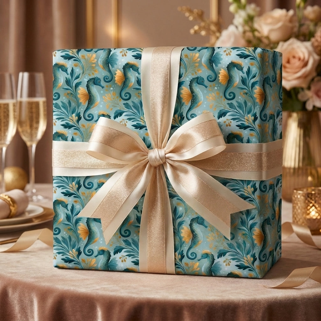 Teal seahorse coastal luxury gift wrap with a gold satin bow by Wrapped Studios.