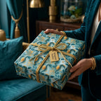 Teal and gold seahorse luxury wrapping paper on a gift box with a gold rope bow, by Wrapped Studios.