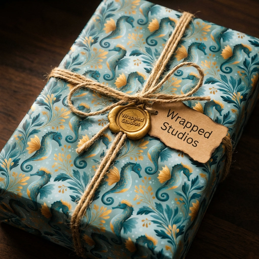 Teal and gold coastal seahorse wrapping paper by Wrapped Studios, tied with a rustic twine bow and wax seal.