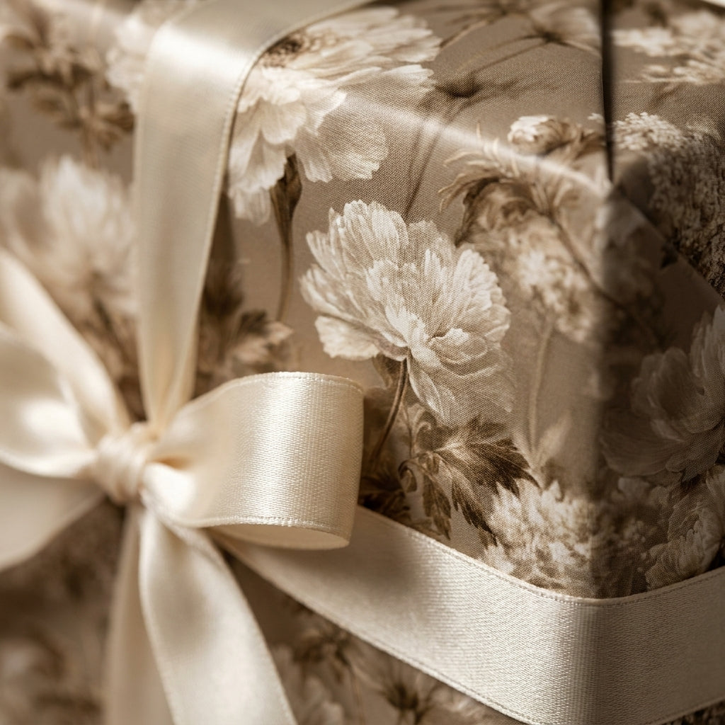 Vintage floral wrapping paper in elegant champagne with a cream satin ribbon by Wrapped Studios.