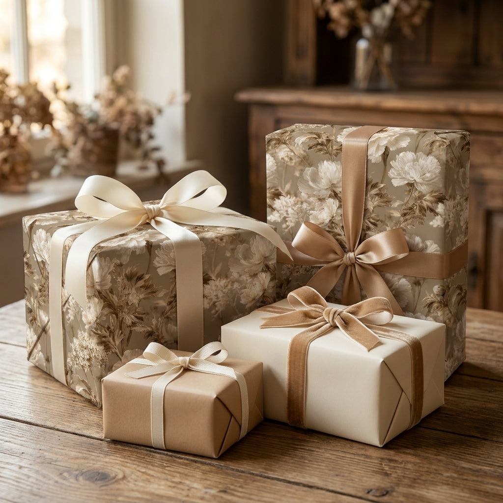 Luxury vintage floral wrapping paper with elegant satin bows on gift boxes by Wrapped Studios.