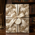Elegant vintage floral wrapping paper with a cream satin bow and gift tag by Wrapped Studios.