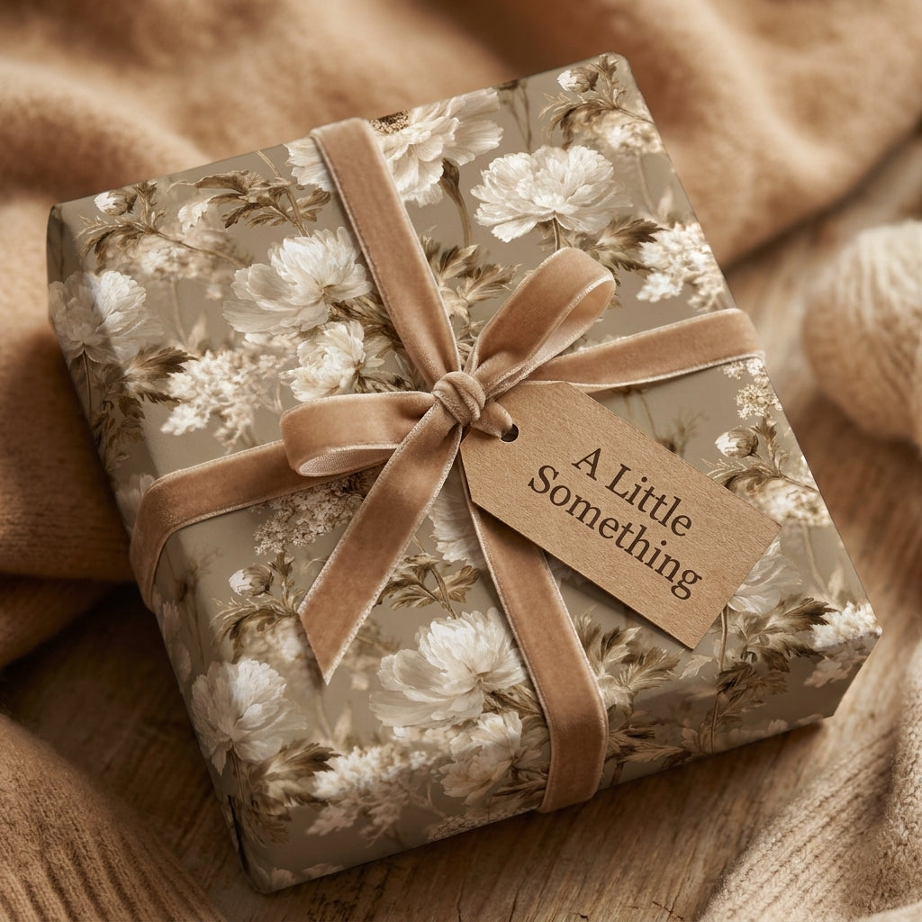 Luxury vintage floral wrapping paper in cream and beige with velvet ribbon by Wrapped Studios.
